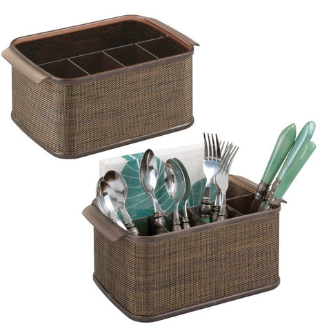 mDesign Plastic Cutlery Storage Organizer Caddy Tote Bin with Handles for Kitchen Cabinet or Pantry - Holds Forks, Knives, Spoons, Napkins - Indoor or Outdoor Use - Woven Accent, 2 Pack - Bronze/Sand