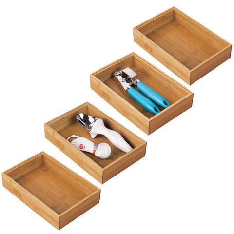 mDesign Bamboo Kitchen Cabinet Drawer Organizer Stackable Tray Bin - Eco-Friendly, Multipurpose - Use in Drawers, on Countertops, Shelves or in Pantry - 9" Long, 4 Pack - Natural Wood Finish