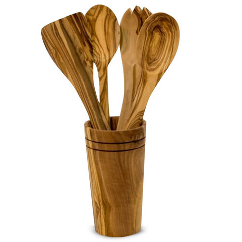 Ilyas Bazaar Olive Wood 5-Piece Cooking Wooden Utensil Set With Holder, Includes Spatula, Cooking/Mixing Spoon, Salad Spoon & Fork With Holder, Handcrafted In Tunisia, Unique Patterns/Color Variations