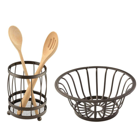 mDesign Kitchen Counter Accessory Set, Utensil Holder, Fruit Basket - Set of 2, Bronze