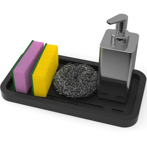 Sponge Holder - Kitchen Sink Organizer - Sink Caddy - Silicone Sink Tray - Soap Holder - Spoon Rest - Multipurpose Use (Black)