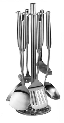 Premium One Piece Stainless Steel Kitchen Essentials 6-Piece Brushed Finish Cooking Utensil Set and 360Â° Holder