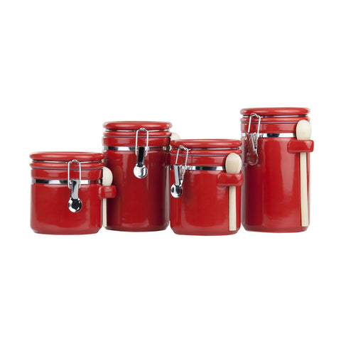 Home Basic 4 Piece Ceramic Canister Set with Spoon, Red