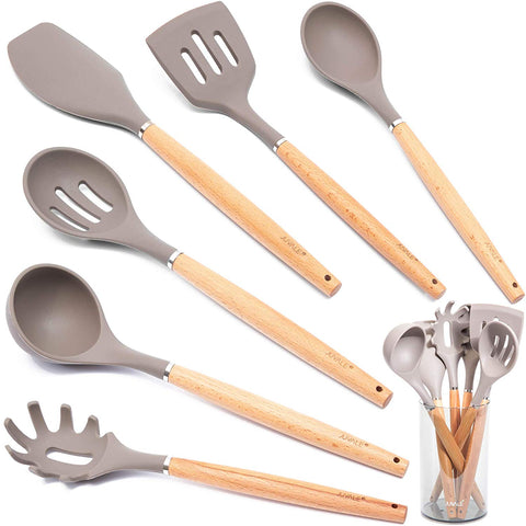 Juvale Kitchen Utensil Set - Gourmet Non-Stick Silicone Cooking Tools with Bamboo Handles - Ladle, Spatulas, Spoons, Pasta Server - Tan/Grey - 7-Piece Set Including Holder