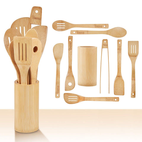 CHEFHQ 9 Piece Bamboo Cooking Utensils Set - Set Includes: Holder, Spatulas, Slotted Spatula, Serving Spoons, Angled Spoon with Hole, Tongs - Wood Tool Utensil Sets for Nonstick Cookware