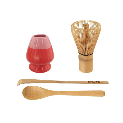 BambooMN Brand - Matcha Green Tea Whisk Set - Whisk + Scoop + Tea Spoon + Coral Whisk Holder
