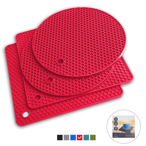 Q's INN Red Silicone Trivet Mats | Hot Pot Holders | Drying Mat. Our potholders Kitchen Tool is Heat Resistant to 440°F, Non-slip,durable, flexible easy to wash and dry and Contains 4 pcs.
