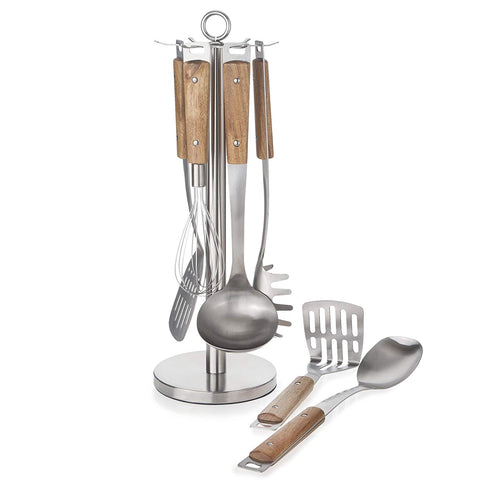 Heavy Duty Wood Utensils - Kitchen Utensil Set w/Stainless Steel Stand: Spatula, Serving Spoon, Soup Ladle, Whisk, Potato Masher & Spaghetti Server Cooking Utensils - By BBQ-Aid