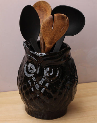 8" Large Owl Design Ceramic Cooking Utensil Holder, Decorative Kitchen Storage Crock & Organizer in Prestigious Color Black, Great for Large Cooking Tools by abhandicrafts
