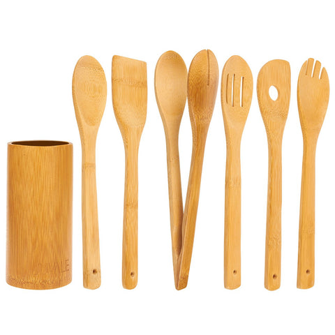 Juvale 7-Piece Set of Bamboo Cooking Utensils - Cooking Utensils Kitchen Set - Includes Solid Turner, Serving Spork, Slotted Spoon, Solid Spoon, Tong, Spatula with Hole, and Utensil Holder, Brown