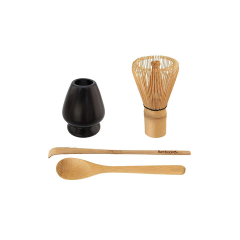BambooMN Brand - Matcha Green Tea Whisk Set - Whisk + Scoop + Tea Spoon + Black Whisk Holder