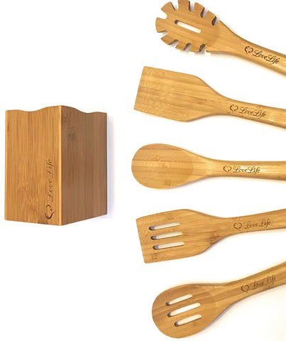 SUPER SMOOTH Luxury Bamboo Wooden Utensil Set + FREE Holder-Ideal Gift-Box Included-Solid-Splinter Free-Eco Friendly-Ergonomic Design-Stylish-Unique Brand-Customer Satisfaction Guarantee