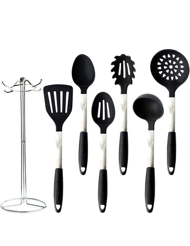 Pro31Living Kitchen Utensil Set - Black Silicone and Stainless Steel Cooking Tools with Holder for Nonstick Cookware