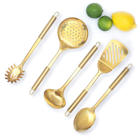 STYLED SETTINGS Gold/Brass Cooking Utensils for Modern Cooking and Serving, Kitchen Utensils -Stainless Steel Cooking Utensils 5 PCS-Gold Serving Spoon, Gold Soup Ladle, Pasta ServingÂ