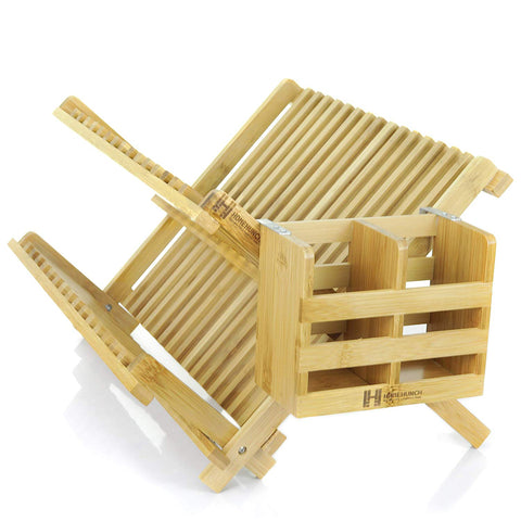 Bamboo Dish Drying Rack - Foldable And Collapsible Eco Friendly Plate Dryer With Detachable Utensil Holder