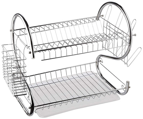 #SimSol - 2 Tier Dish Drying Rack S-Shaped Kitchen Stainless Steel Storage Sink Set Dishes Cups and Cutlery with Removable Plastic Drain Tray Utensil Board Organizer |Ship from US|