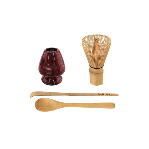 BambooMN Brand - Matcha Green Tea Whisk Set - Whisk + Scoop + Tea Spoon + Deep Red w/Black Whisk Holder