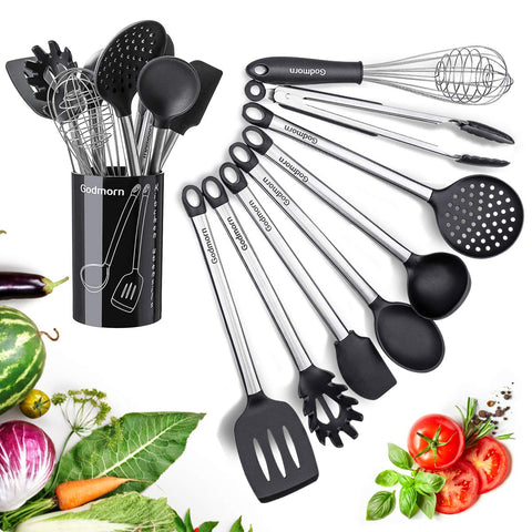 Silicone Kitchen Utensil Set Godmorn 9 Pcs Cooking Utensil Nonstick Kitchen Tool with Plastic Holder, Stainless Steel Heat Resistant and Nonstick Cooking Gadgets Tool black BPA Free