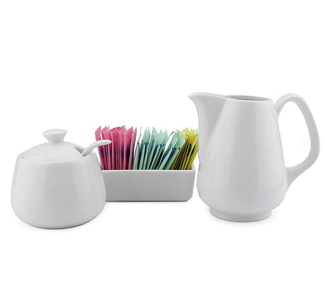Sugar and Creamer Set - 4-Piece Set w/Cream Pitcher, Sugar Bowl, Spoon & Sweetener Holder, White Ceramic Tea/Coffee Set