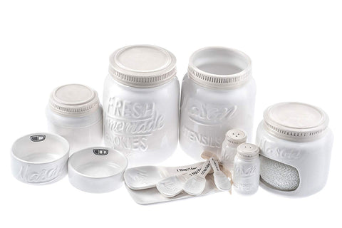 White Ceramic Kitchen Mason Jars - 7-Piece Vintage Kitchenware Set - Measuring Cups, Measuring Spoons, Spoon Rest, Salt & Pepper Shakers, Sponge Holder, Cookie Jar, and Utensil Crock by Goodscious