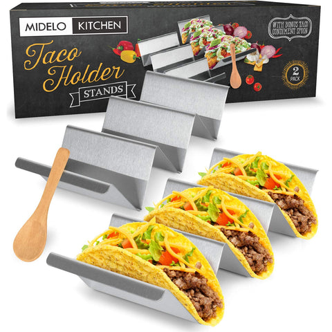 2 Pack Heavy Duty Taco Holder Stands w/Handles & FREE Serving Spoon - Dishwasher & Oven Safe