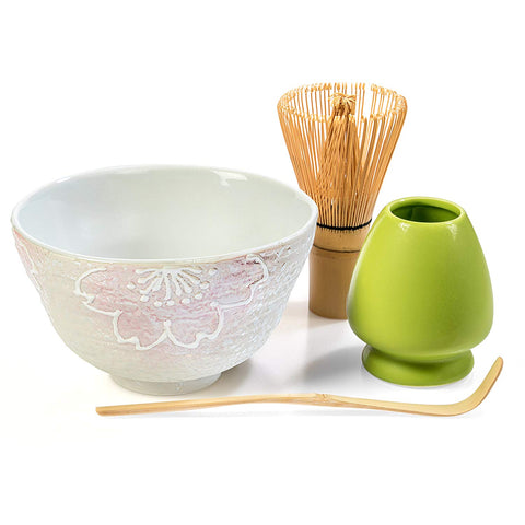 Tealyra - Matcha - Start Up Kit - 4 items - Matcha Green Tea Set - Japanese Handmade Earthenware White Bowl - Bamboo Whisk and Scoop - Whisk Holder - Gift-Box