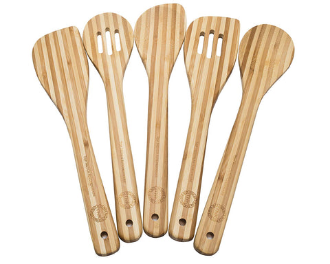Bamboo Kitchen Utensil Set - 5 Piece Premium Cooking Tools and Gadgets; Spoons, & Spatulas with Hanging Storage Holes in the Handles; Natural Eco-friendly Organic material; Better Than Wooden Flatware