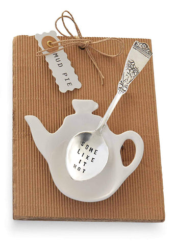 Mud Pie Some Like It Hot Tea Pot and Spoon, Silver