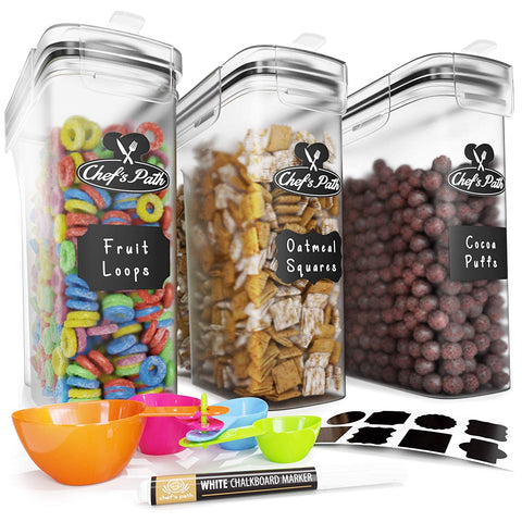 Cereal Container Storage Set - 100% Airtight Food Storage Containers, 8 Labels, Spoon Set & Pen, Great for Flour - BPA-Free Dispenser Keepers (135.2oz) 3PC - Chef’s Path