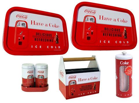 Retro Coca-Cola Utensil Holder, Salt and Pepper Shaker, 2 Serving Trays & Straw Holder Set