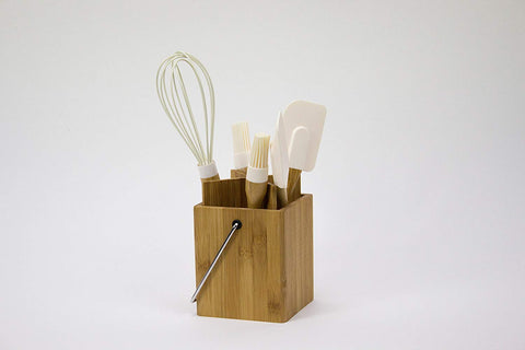 Bamboo Silicone 5-Piece Kitchen and Baking Utensil Set with Holder and Handle, Spoonula, Brushes, Spatula, and Whisk (White)
