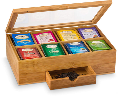 Bambusi Tea Storage Box Organizer Chest - 100% Bamboo Tea Bag Holder | 8 Storage Compartments Organizer with Drawer | Great Gift Idea