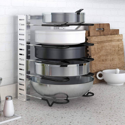 Lifewit Expandable Adjustable Kitchen Cabinet Pantry Pan and Pot Lid Organizer Rack Holder, 5-Tier Compartments Cupboard Bakeware Lid Plate Holder, Silver and Black