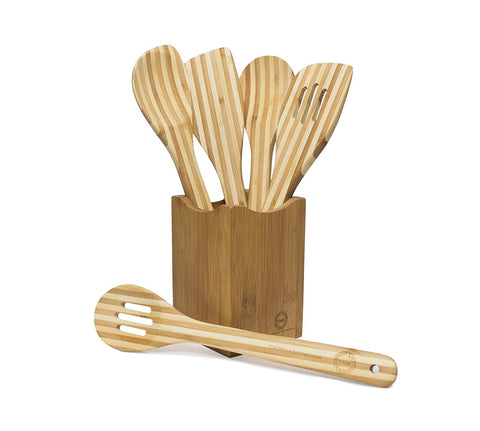 Premium Bamboo Kitchen Serving Utensil Set (5 piece) with Bamboo Holder; Cooking and Baking Tools and Gadgets with Organizer by Top Notch Kitchenware!