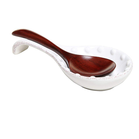 Decorative Kitchen Stove & Counter Top White Ceramic Spoon Rest / Cooking Utensil Holder with Handle