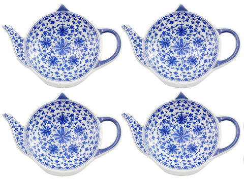 Teapot-Shaped Tea Bag Coasters (4-Pack); Blue & White Tea Spoon/Teabag Caddies