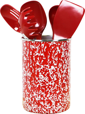 Calypso Basics by Reston Lloyd Enamel on Steel Utensil Holder and 5 Piece Utensil Set (Red Marble)